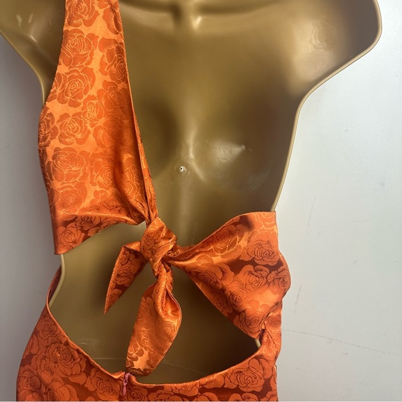 Lucy In The Sky Satin Rose Jacquard One Shoulder Knot Back Mini Dress in Rust M - Picture 10 of 16